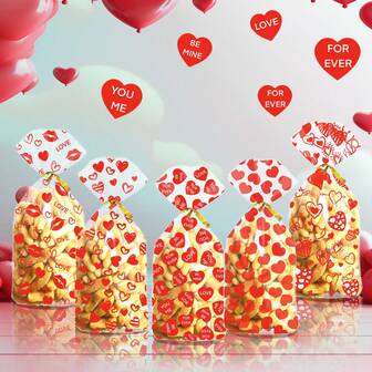 50/100pcs Heart Pattern Valentine's Day Candy Bags, Bakery Bags, Gift Packaging Bags, Transparent Snack Cookie Bags With Self-Adhesive
