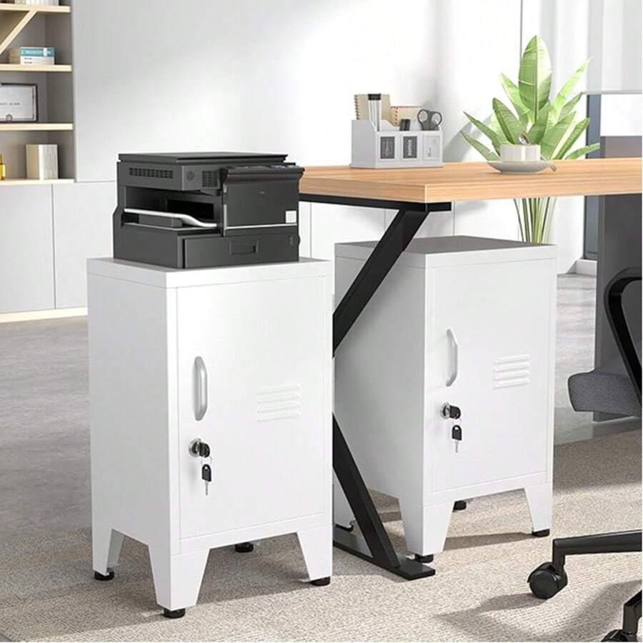 24 Inch High Metal Storage Cabinet With 1 Adjustable Shelf And A Lockable Table Edge Cabinet, Suitable For Use As A Bedside Table Or Office Table Edge Cabinet, Suitable For Homes, Offices, And Gyms - White - View 1