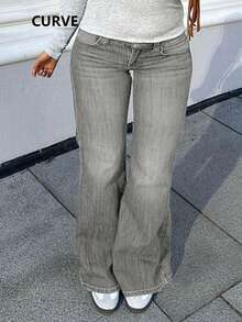 Plus Size Women's Flare Jeans, With Pockets, Button, Zipper And High Stretch Fabric - Light Grey - View 1
