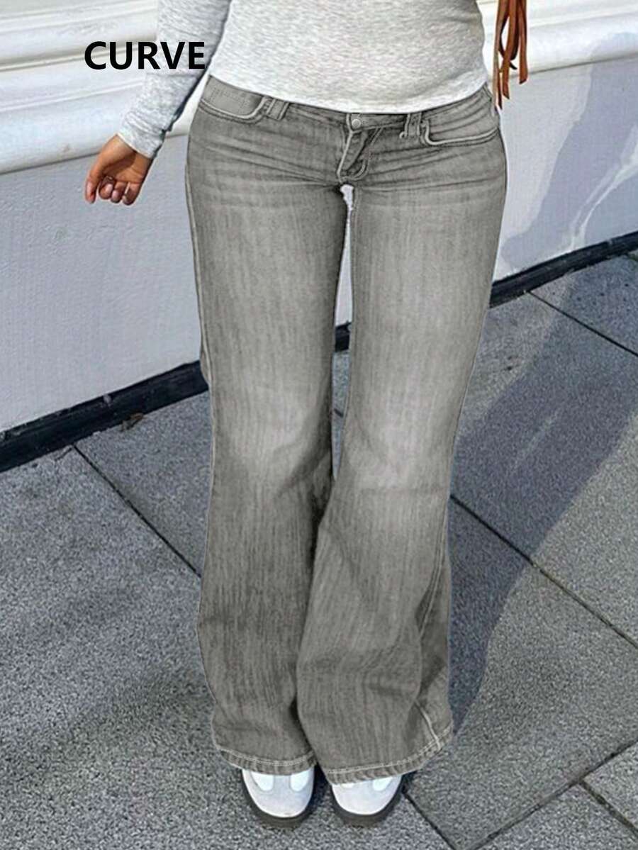 Plus Size Women's Flare Jeans, With Pockets, Button, Zipper And High Stretch Fabric - Light Grey - View 1