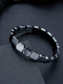 1pc Fashionable Vintage Black Stone Bracelet, Simple & Versatile Square Shaped Natural Stone Bracelet For Men, Casual Everyday Wear