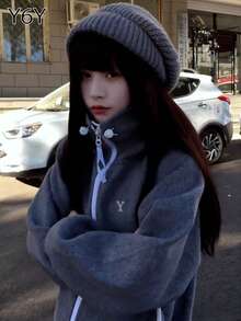 Y6Y 2025秋冬新款美式优雅灰色女士休闲连帽卫衣外套，今年流行款 - 深灰色 - 查看 5