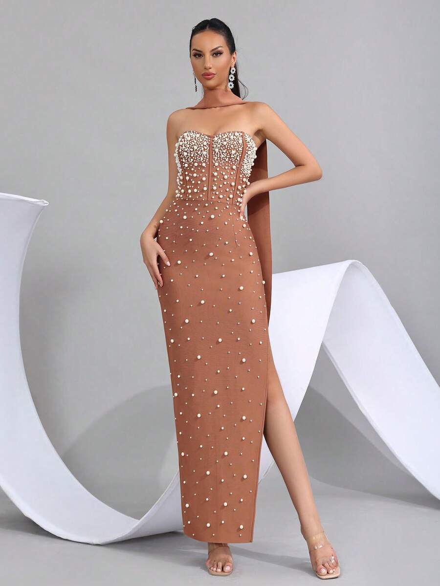 Beaded Decor Strapless High Slit Bandage Bridesmaid Dress, Holiday Party Bandage Dress - Brown - View 1