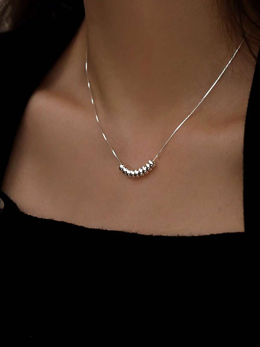 1pc S925 Sterling Silver Bead Pendant Necklace, Minimalist Design Delicate Clavicle Chain, Elegant Gift For Women - Lucky Beads - View 1