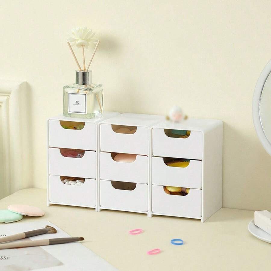 1pc Classic White Plastic Stacking Storage Drawer Set For Office Supplies, Jewelry, Cosmetics - Space-Saving Desk Organizer For School And Dorms - White - View 1