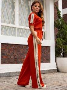 Women's Basic Pants And Blouse Set With Side Stripe. - Burnt Orange - View 3