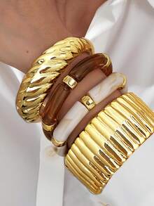 4 件套复古简约优雅树脂亚克力棕色弹性手链和手镯套装，金色条纹光滑开口袖口，适合女性日常佩戴，节日礼物，可叠戴，2025 年新品 - 金色 - 查看 11