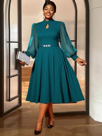 Plus Size Women Elegant Cut Out Mock Neck With Chiffon Tulle Lantern Long Sleeve Buckle A-Line Dresses With Wedding,Dinner Party,Christmas Dress