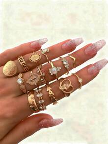 Set Of 15 Rings With Portrait Of Beauty Head Retro Gold Coin With Cross Pattern Palm Of Faith Ring - 金色 - 查看 8