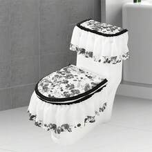 Toilet Seat Cover Set, Soft Warm Patchwork Toilet Lid Cover Water Tank Cover Bathroom Decor - 黑色 - 查看 5