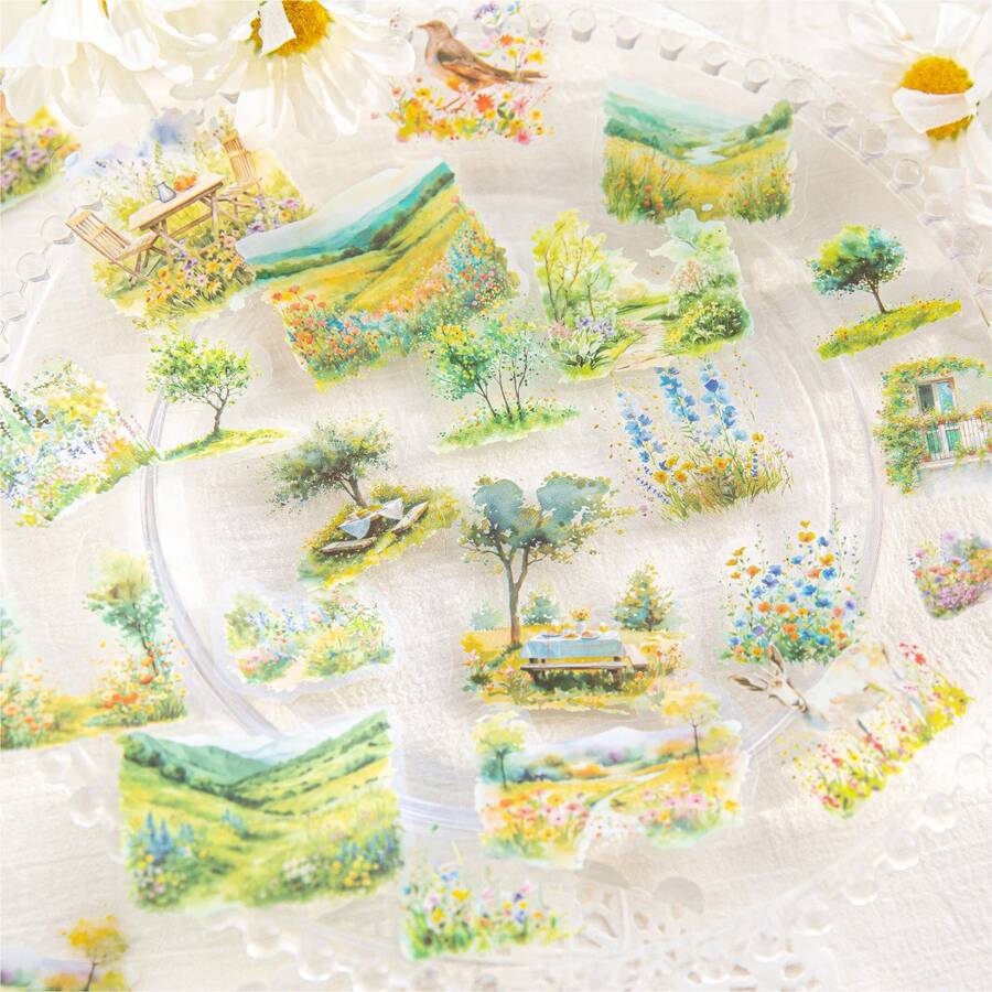 CANDY POETRY 40pcs/Pack Floral Countryside Stickers, Creative Aesthetic Sticker Decals, DIY Decorative Scrapbooking Craft Materials, Holiday Gifts, Personalized Scrapbook School Supplies - Green - View 1