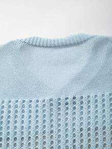 ANDREILEE 男女通用休闲纯色镂空V领短袖针织上衣，趣味图案，春夏款 - 藍色 - 查看 5