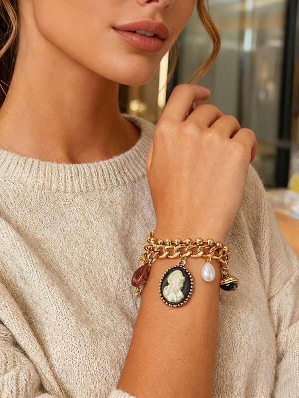 1pc Vintage Chic Alloy Lady Portrait Chain Tassel Earrings, Multi-Pendant Necklace, Bracelet Jewelry Set For Women