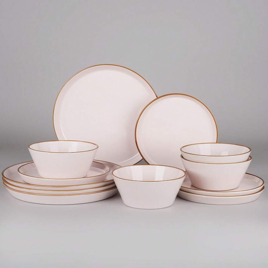 Richmount 12-Piece Plates And Bowls Sets For 4, 12 Pieces Stoneware Dish Set - Chip And Scratch Resistant, Round Tableware Set - Light Pink - 查看 1