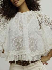 Women Vintage Lace Blouse Flowy Ruffle Solid Color Long Sleeve Tops Sheer Mesh Layered Frill Pullover Tops See Through Lantern Sleeve Ruffle Shirt Blouse Teen Girls Going Out Tops Aesthetic Clothes - 白色 - 查看 3