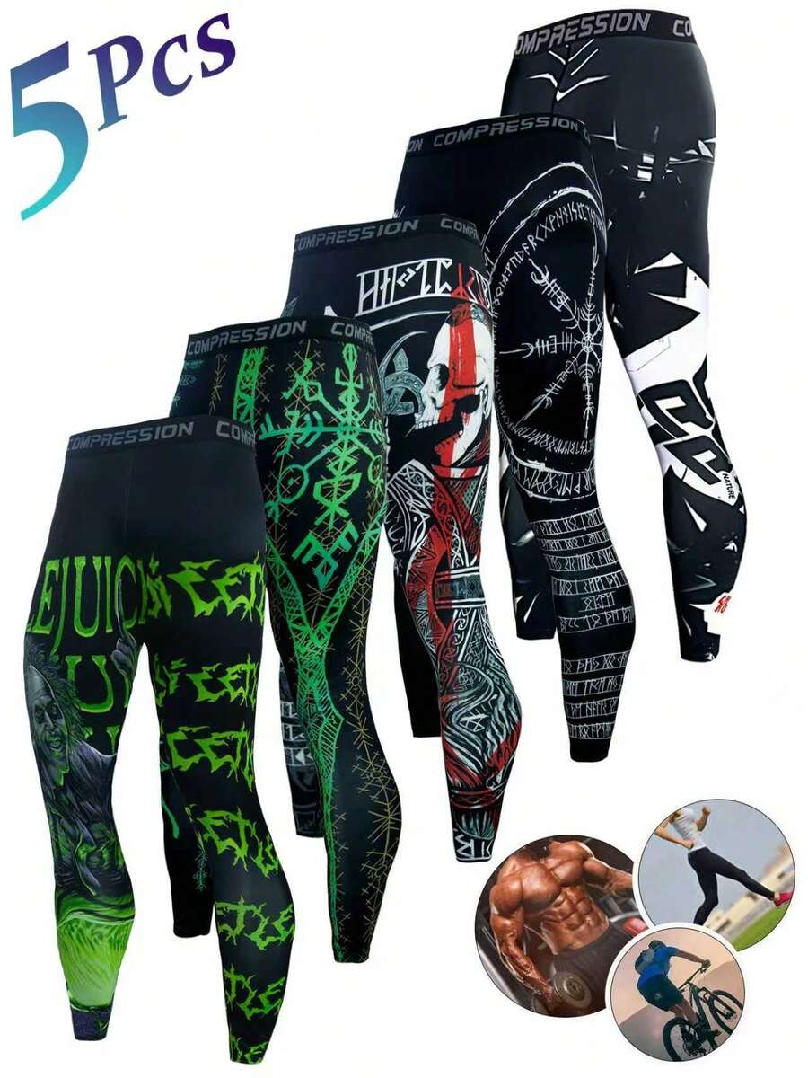 New Men's Five-Piece Printed Athletic Trousers Set, Jogging Pants, Multi-Element Design, Easy To Wear, Suitable For Outdoor Fitness And Exercise.