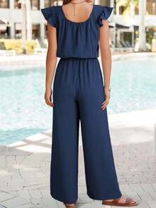 Womens Summer Loose Spaghetti Strap Short Jumpsuit Rompers - Azul Marino - Ver 2