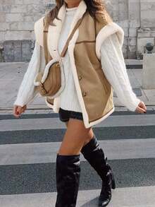 Womens Oversized Suede Faux Fur Shearling Vest Button Down Cap Sleeve Winter Warm Streetwear Coat - 卡其色 - 查看 3