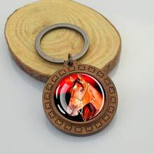 1pc Horse Wooden Keychain Horse Picture Glass Cabochon Keychain Wooden Jewelry Animal Key Pendant - Brown - View 3