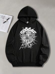 GLEC SP5DER, Combining Retro And Street Style, This Classic Retro Y2K Spider Web Popular Letter Pattern 270g Fleece Sport Hoodie. This Is A Men's Autumn And Winter High-Quality Retro Fashion Brand Loose, Soft And Comfortable Black Long Sleeved Sports Hoodie, Suitable For Outdoor Wear In Autumn And Winter, With A Certain Thickness, Suitable For Daily Wear And Giving To Friends, Outdoor Activities, Back To School Gifts, Christmas Gifts. - 黑色 - 查看 1