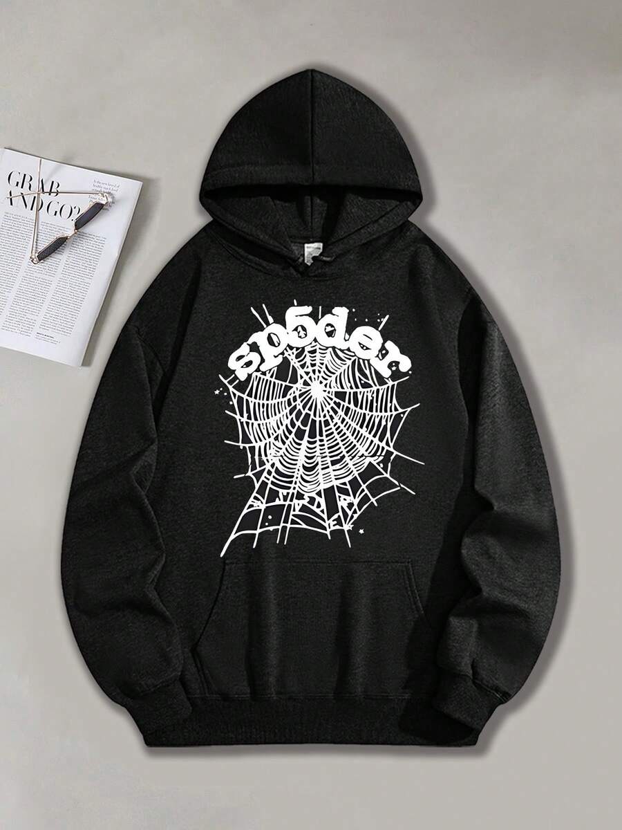 GLEC SP5DER, Combining Retro And Street Style, This Classic Retro Y2K Spider Web Popular Letter Pattern 270g Fleece Sport Hoodie. This Is A Men's Autumn And Winter High-Quality Retro Fashion Brand Loose, Soft And Comfortable Black Long Sleeved Sports Hoodie, Suitable For Outdoor Wear In Autumn And Winter, With A Certain Thickness, Suitable For Daily Wear And Giving To Friends, Outdoor Activities, Back To School Gifts, Christmas Gifts. - 黑色 - 查看 1