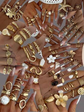 5/15/30/50件复古波西米亚风简约优雅复古设计叠戴戒指套装，包含花朵、蝴蝶结、珍珠、扭纹、心形、水钻、树叶、月亮、星星、眼睛、几何、十字架、粗戒等款式，适合节日、派对、约会、送礼、日常佩戴（随机发货）