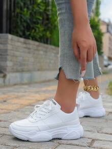 Women's White British Style Lace-Up Sneakers, Round Toe Low-Top Thick Sole Slip-On Shoes, Fashionable Breathable Non-Slip Chunky Sneakers For Students - White - View 6