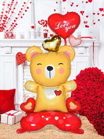 1个大型站立式“我爱你”小熊气球，笑脸黄色小熊气球。适用于情人节、生日、浪漫婚礼主题、周年纪念日、浪漫之夜、情人节派对装饰。