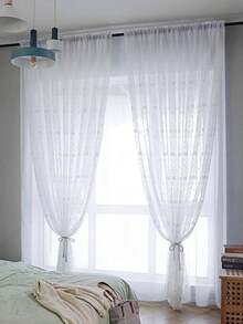 1件现代农舍风格刺绣薄纱窗帘，适用于阳台、客厅、卧室 - 白色 - 查看 9