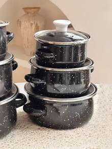 3pcs Enamel Speckled Small Capacity Soup Pot Set, Suitable For Induction Cooktop & Open Flame, Natural Marble Texture Enamel Pot With Elegant Silver Rim Design, Glass Lid Enamel Cookware Set, Great Gift For Relatives And Friends - Multicolor - View 15