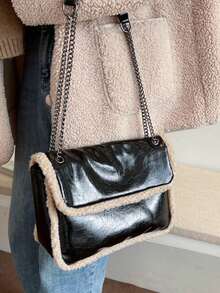 新款时尚羊毛漆皮链条纹理休闲学院风单肩斜挎包 - 黑色 - 查看 4