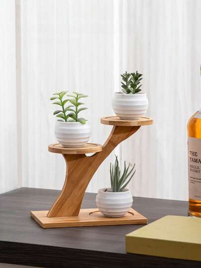 1 件装优雅竹制植物架 - 双层展示架，适合小型盆栽植物，是家居、办公室和阳台装饰的理想之选。圆形木质底座，人造室内植物，植物展示架，天然木纹人造植物，收纳架，植物架，家居装饰，房间装饰，家居必备，情人节装饰