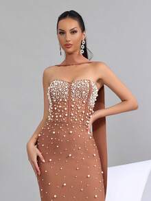 Beaded Decor Strapless High Slit Bandage Bridesmaid Dress, Holiday Party Bandage Dress - Brown - View 9