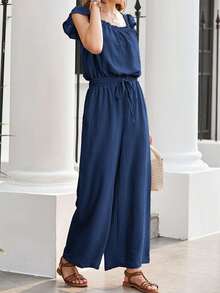 Womens Summer Loose Spaghetti Strap Short Jumpsuit Rompers - Azul Marino - Ver 3