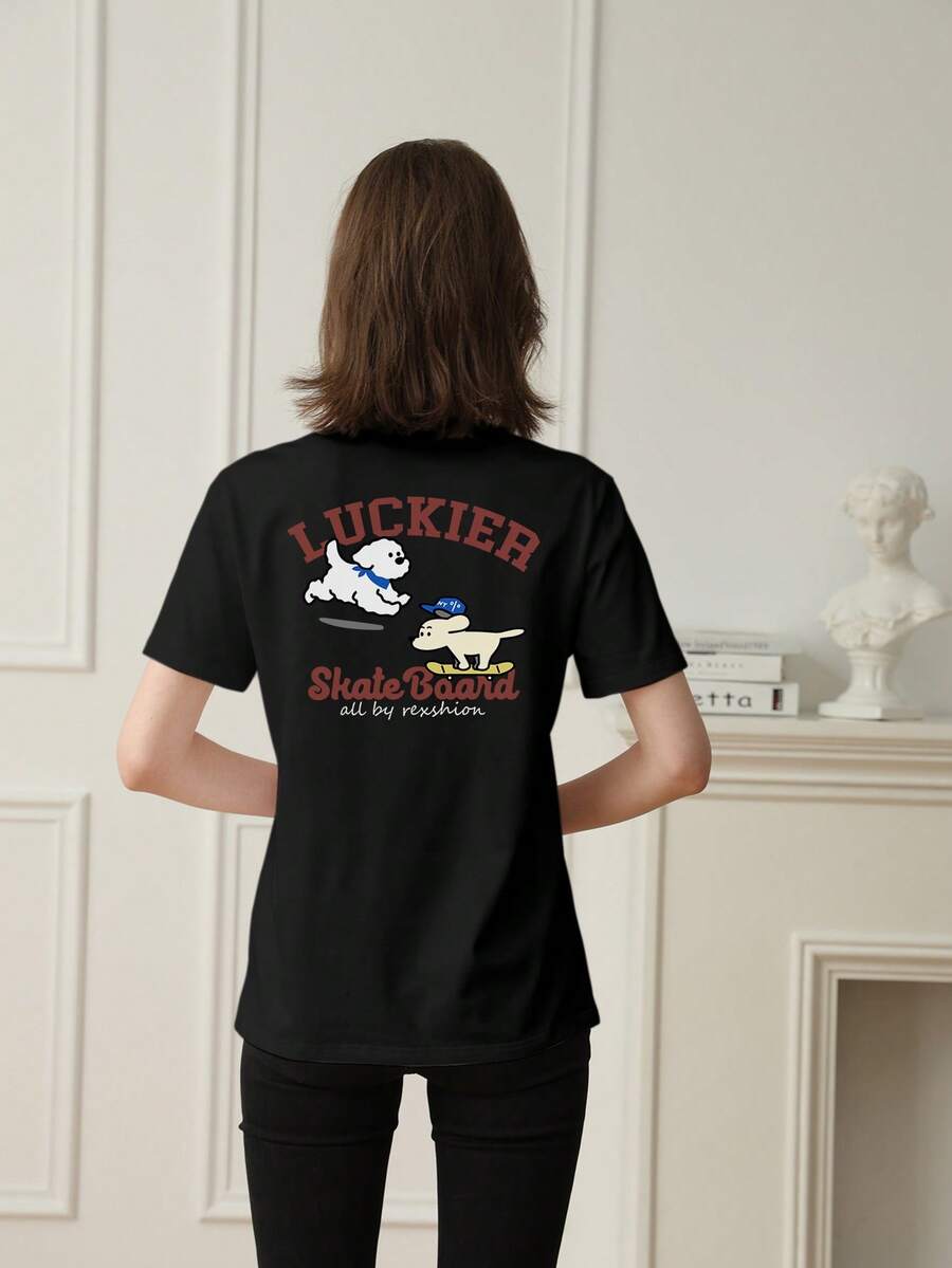 Women's Summer New Letter Print Short Sleeve T-Shirt, Casual Loose Fit Round Neck Minimalist Design Top