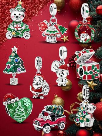 1件时尚925纯银爱心雪花圣诞帽圣诞礼物吊坠珠，适合女士手链、手镯、DIY珠宝制作精美珠宝