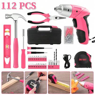 Electric Cordless Screwdriver, 3.6V Rechargeable Screwdriver, 3.5N.M Max Torque, LED Light, 112 Pcs, Ideal For Women Daily & Light Industrial Use, DIY, Pink