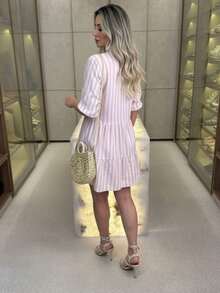 Women's Striped Midi Dress With Shirt Collar And Bishop Sleeves, Casual, With Buttons, Asymmetrical Hem, Summer And Beach. - 藕粉色 - 查看 2