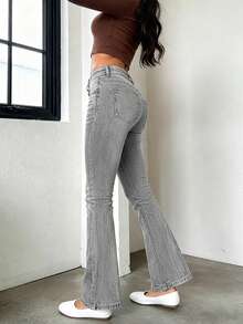 新款跨境女式基础款美式低腰双扣喇叭牛仔裤，四季皆宜 - 淺灰色 - 查看 3