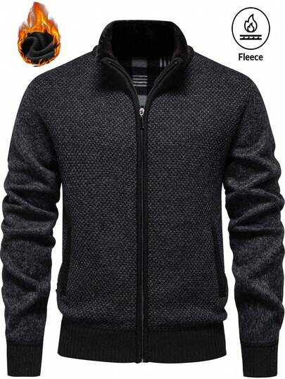 Men's Elegant Design Casual Vintage Comfortable Fuzzy Collar Zip-Up Knit Cardigan, Autumn/Winter, Long Sleeve Top
