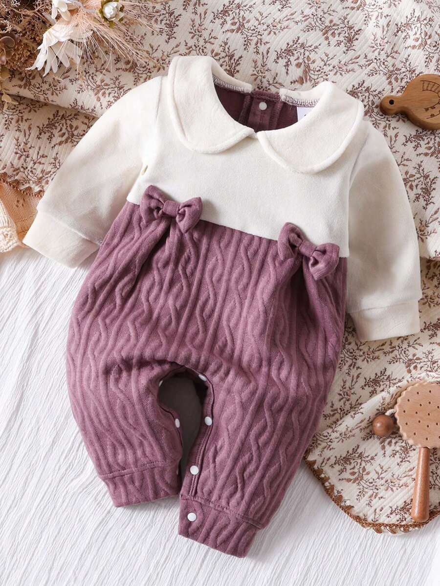 女婴翻领拼接可爱蝴蝶结长袖连体衣，秋冬季 - 白色 - 查看 1