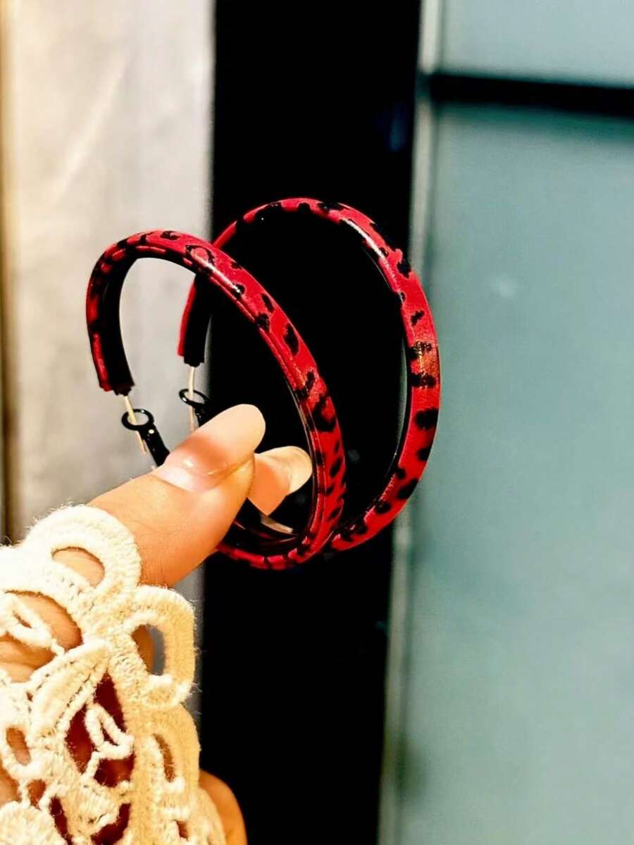 新款秋冬复古别致红色豹纹耳环，时尚简约独特设计，精致耳环 - 彩色 - 查看 1