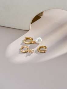 Nooxian 3件套休闲度假风珍珠镶嵌闪亮锆石耳环套装，适合女性休闲度假佩戴 - 金黃色 - 查看 2