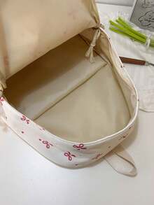Printed Bow Contrast Color Girls' Backpack, Student School Bag, Double Layer - White - View 4