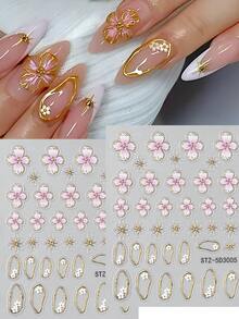 2pcs 5D Stickers For Nails Emboss Pink White Five-Petaled Flowers Gold Line Star Design Decals Slider Press On Manicure Accessories Nail Supplies Gifts For Women - Multicolor - View 7