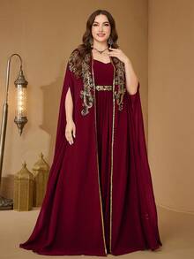 UNITHORSE Plus Size V-Neck Heavily Embroidered Extra Long Flared Sleeve Black Chiffon Dress - Burgundy - View 4