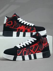 Women's New Random Red & Black Letter Graffiti Design Rubber Sole High-Top Flat Sneakers, Comfortable Daily Casual Street Style Versatile Outdoor Sports Couple Shoes - black red - View 6