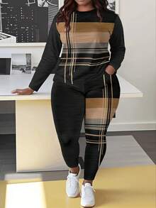 [Casual Letter Print Pantsuits] Women's Casual Pantsuits - Letter Print Crew Neck Long Sleeve T-Shirt & Skinny Pants Outfits - phong cách - Xem 4