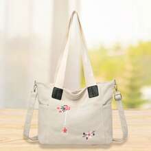 Bolso de hombro para mujer, con correa ajustable, bordado de flores, cierre de botón, bandolera - Blanco - Ver 5