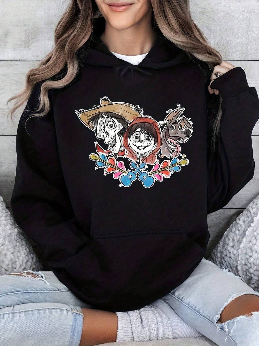 Coco Movie Characters Hector Miguel Dante Hoodie Black Unisex Sweatshirt Day Of The Dead Theme Cartoon Design Pullover Hoodie For Men Women Kids - 黑色 - 查看 1